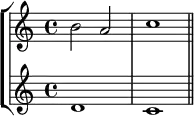 { << \new StaffGroup <<
\new Staff <<
\clef treble \time 4/4
\relative c'' {
\clef treble \time 4/4
b2 a c1
}
>>
\new Staff <<
\clef treble \time 4/4
\new Voice \relative c' {
d1 c \bar "||"
}
>>
>>
>> }
