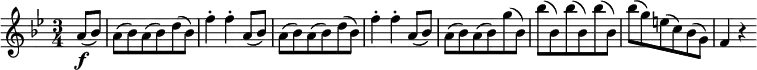 \relative a' {
\key bes \major \time 3/4
\partial 4 a8( \f bes)
a8( bes) a8( bes) d( bes)
f'4-. f-. a,8( bes)
a8( bes) a8( bes) d( bes)
f'4-. f-. a,8( bes)
a8( bes) a8( bes) g'( bes,)
bes'8( bes,) bes'( bes,) bes'( bes,)
bes'8( g) e( c) bes( g)
f4 r
}