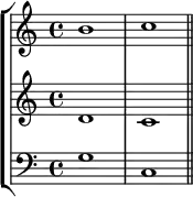 { << \new StaffGroup <<
\new Staff <<
\clef treble \time 4/4
\relative c'' {
\clef treble \time 4/4
b1 c
}
>>
\new Staff <<
\clef treble \time 4/4
\relative c' {
d1 c
}
>>
\new Staff <<
\clef bass \time 4/4
\relative c' {
g1 c, \bar "||"
}
>>
>>
>> }