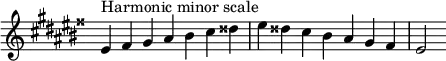 {
\override Score.TimeSignature #'stencil = ##f
\relative c' {
\clef treble \key eis \minor \time 7/4
eis4^\markup "Harmonic minor scale" fisis gis ais bis cis disis eis disis cis bis ais gis fisis eis2
} }