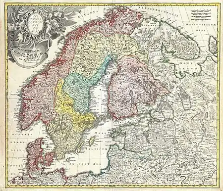 Image 8Homann mapMap: Johann Baptist HomannA detailed eighteenth-century map of Scandinavia by J. B. Homann, depicting Denmark, Norway, Sweden, Finland and the Baltic states of Livonia, Latvia and Curlandia. The map notes fortified cities, villages, roads, bridges, forests, castles and topography. The elaborate title cartouche in the upper left quadrant features angels supporting a title curtain and a medallion supporting an alternative title in French, "Les Trois Covronnes du Nord".Born in 1664, Homann became an engraver and cartographer in the late 17th century, and opened his own publishing house in 1702. In 1715 Emperor Charles VI appointed him Imperial Geographer of the Holy Roman Empire. Homann held the position until his death in 1724.More selected pictures