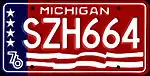 Special Michigan license plate design issued in honor of the bicentenial. Plates of this design were standard issue for all passenger cars registered in Michigan receiving new plates in 1976.