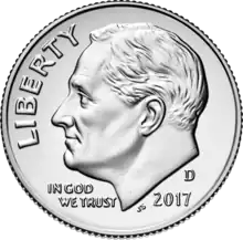 The obverse of the Roosevelt dime, which has been official U.S. currency since 1946