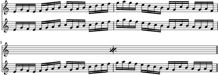 \relative c' << { \override Score.TimeSignature #'stencil = ##f } \time 4/4 \new staff { \repeat percent 2 { e16 g f e f g a b c g a b c d e f g a g f e d c b a g c b a g a f } \bar "||" } \new staff { e16 g f e f g a b c g a b c d e f g a g f e d c b a g c b a g a f | e g f e f g a b c g a b c d e f g a g f e d c b a g c b a g a f } >>