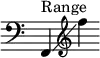 { \override Score.TimeSignature #'stencil = ##f
\relative c'' { \clef bass \key c \major f,,,4^\markup { "Range" }\glissando \clef treble f''' }
}