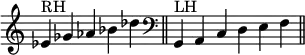 {
\override Score.TimeSignature #'stencil = ##f
\relative c' {
\set Score.tempoHideNote = ##t \tempo 4 = 120
\clef treble
\time 5/4
es^\markup {RH} ges aes bes des \bar "||"
\clef bass
\time 6/4 \hide Staff.TimeSignature
g,,,^\markup {LH} a c d e f \bar "||"
}
}