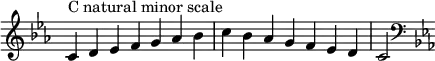 {
\override Score.TimeSignature #'stencil = ##f
\relative c' {
\clef treble \key c \minor \time 7/4
c4^\markup "C natural minor scale" d es f g aes bes c bes aes g f es d c2
\clef bass \key c \minor
} }