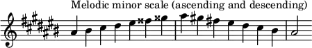 {
\override Score.TimeSignature #'stencil = ##f
\relative c'' {
\clef treble \key ais \minor \time 7/4
ais4^\markup "Melodic minor scale (ascending and descending)" bis cis dis eis fisis gisis ais gis! fis! eis dis cis bis ais2
} }