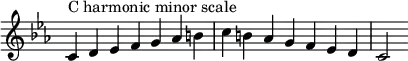 {
\override Score.TimeSignature #'stencil = ##f
\relative c' {
\clef treble \key c \minor \time 7/4
c4^\markup "C harmonic minor scale" d es f g aes b c b aes g f es d c2
} }