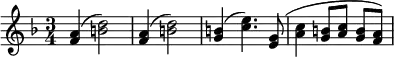 \relative c' {
\key f \major
\time 3/4
\set Timing.beamExceptions = #'()
\set Score.tempoHideNote = ##t
\tempo 4 = 160
<f a>4( <b d>2)
<f a>4( <b d>2)
<g b>4( <c e>4.) <e, g>8(
<a c>4 <g b>8 <a c> <g b> <f a>)
}