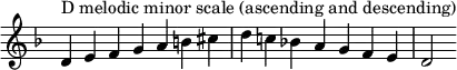 {
\override Score.TimeSignature #'stencil = ##f
\relative c' {
\clef treble \key d \minor \time 7/4
d4^\markup "D melodic minor scale (ascending and descending)" e f g a b cis d c! bes! a g f e d2
} }