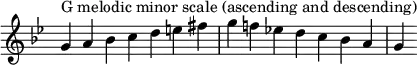 {
\override Score.TimeSignature #'stencil = ##f
\relative c'' {
\clef treble \key g \minor \time 7/4
g4^\markup "G melodic minor scale (ascending and descending)" a bes c d e fis g f! es! d c bes a g
} }
