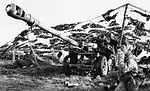 A 105 mm light gun of 29 Commando Regiment sited between Fitzroy and Bluff Cove in the Falkland Islands, June 1982.