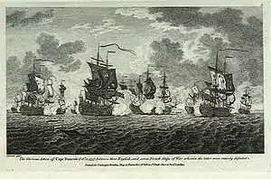 Depiction of the Battle of Cap-Français with two lines of ships firing their guns at each other