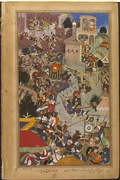 The Mughal Emperor Akbar shoots the Rajput warrior Jaimal during the Siege of Chittorgarh in 1567.