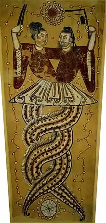 Tang dynasty painting of Fuxi (right) and Nüwa (left) unearthed in the Astana Cemetery, Xinjiang