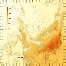 Topographic map of the region surrounding Arak