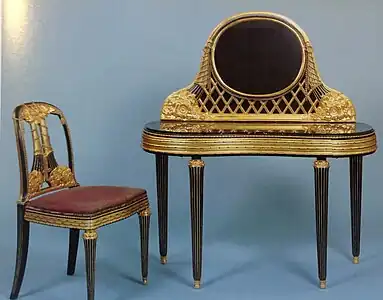 Louis XVI style influences - Dressing table and chair set, by Paul Follot, 1919, marble and wood encrusted, lacquered and gilded, Musée d'Art Moderne de Paris