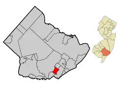 Location of Linwood in Atlantic County highlighted in red (left). Inset map: Location of Atlantic County in New Jersey highlighted in orange (right).