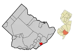 Location of Ventnor City in Atlantic County highlighted in red (left). Inset map: Location of Atlantic County in New Jersey highlighted in orange (right).