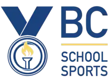 Current BC School Sports Logo (Desgin: The text "BC School Sports" in Dark Blue beside a dark blue medal with a yellow torch in the middle)