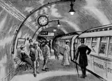 Sketch showing about a dozen people standing on an underground railway platform with a train standing at the platform. Several more people are visible inside the train, which has the words "Baker St" visible on its side.