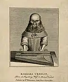 A line engraving of a woman with a hairy face playing the harpsichord.