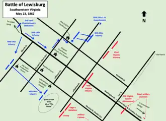 map showing Union positions on left and Confederate positions on right