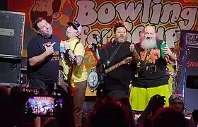 Bowling for Soup performing in 2023. From left to right: Gary Wiseman, Rob Felicetti, Jaret Reddick, Chris Burney