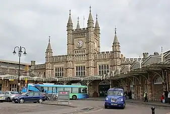 Bristol Temple Meads's cathedral-like main entrance, 1870s