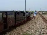 A train in the loop out of Dungeness waits at the points