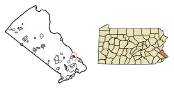 Location of Yardley in Bucks County, Pennsylvania (left) and of Bucks County in Pennsylvania (right)
