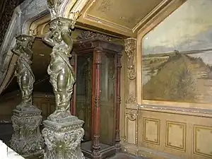 Glass case with lotus columns at each corner, unknown maker, late 19th century, wood and glass, Macca House, Bucharest, Romania