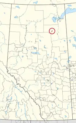 A map of the province of Alberta showing 80 counties and 145 small Indian reserves. One is highlighted with a red circle.