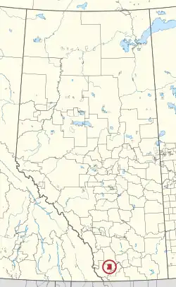 A map of the province of Alberta showing 80 counties and 145 small Indian reserves. One is highlighted with a red circle.