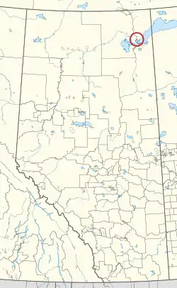 A map of the province of Alberta showing 80 counties and 145 small Indian reserves. One is highlighted with a red circle.