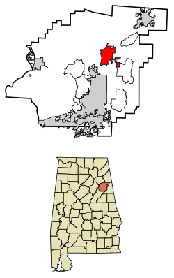 Location of Jacksonville in Calhoun County, Alabama.