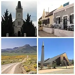 Top left: Dutch Reformed Church right: Hantam House complex. Bottom left: Flower fields near Calvinia, right: Hantam Church