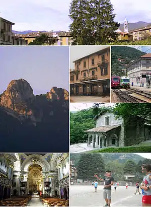 Clockwise from top: Canzo skyline, an historical hotel, Canzo-Asso railway station, Saint Mir's hermitage, Catholic youth summer camp in Canzo, Saint Stephen parish church (interior), Corni di Canzo (Canzo's Horns) mountain top.