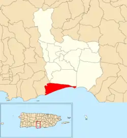 Location of Capitanejo within the municipality of Juana Díaz shown in red