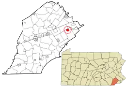 Location of Malvern in Chester County, Pennsylvania (left) and of Chester County in Pennsylvania (right)