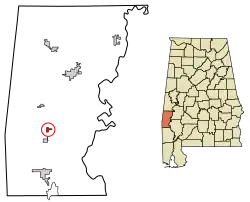Location of Toxey in Choctaw County, Alabama.