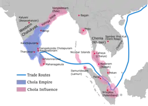 Map showing the greatest extent of the Chola empire c. 1030 under Rajendra I: territories are shown in blue, subordinates and areas of influence are shown in pink.