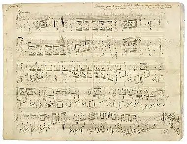 Image 3Polonaise in A-flat major, Op. 53 (Chopin)Sheet music for the Polonaise in A-flat major, Op. 53, a solo piano piece written by Frédéric Chopin in 1842. This work is one of Chopin's most admired compositions and has long been a favorite of the classical piano repertoire. The piece, which is very difficult, requires exceptional pianistic skills and great virtuosity to be interpreted. A typical performance of the polonaise lasts seven minutes.More selected pictures