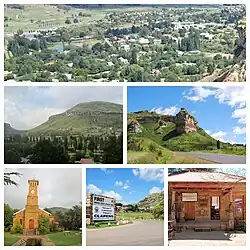 Clockwise from top: View of Clarens, Titanic rock, Clarens Museum, Clarens welcome sign, Methodist Church at Clarens, a mountain near Clarens.
