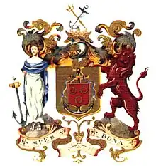Coat of arms of Cape Town, with the arms of Jan van Riebeeck depicted in the shield