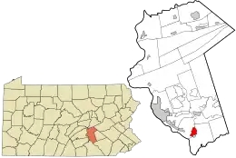 Location of Dauphin County in Pennsylvania (left) and of Middletown in Dauphin County (right)