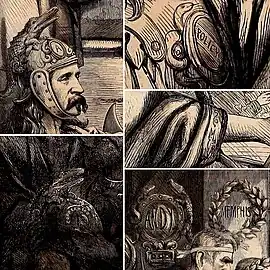 Reptilian details of Amphitheatrum Johnsonianum: a crocodile stands in for the crest on Custer's Roman helmet, another one rests on Orr's knee (besides a badge that reads Copperhead), a snake coils on Custer's breastplate, crocodile and snake embroidery appear on the hem of Johnson's toga, and a snake and a crocodile replace a laurel wreath around the name Andy.