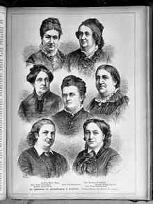 An 1883 illustration of several prominent feminists, including Marie Calm, Luise Otto-Peters, Jenny Hirsch, Lina Morgenstern, Henriette Goldschmidt, Auguste Schmidt, and Anna Schepeler-Lette.