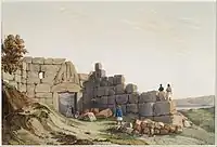 Painting of the Lion Gate at Mycenae, with the routeway clear.